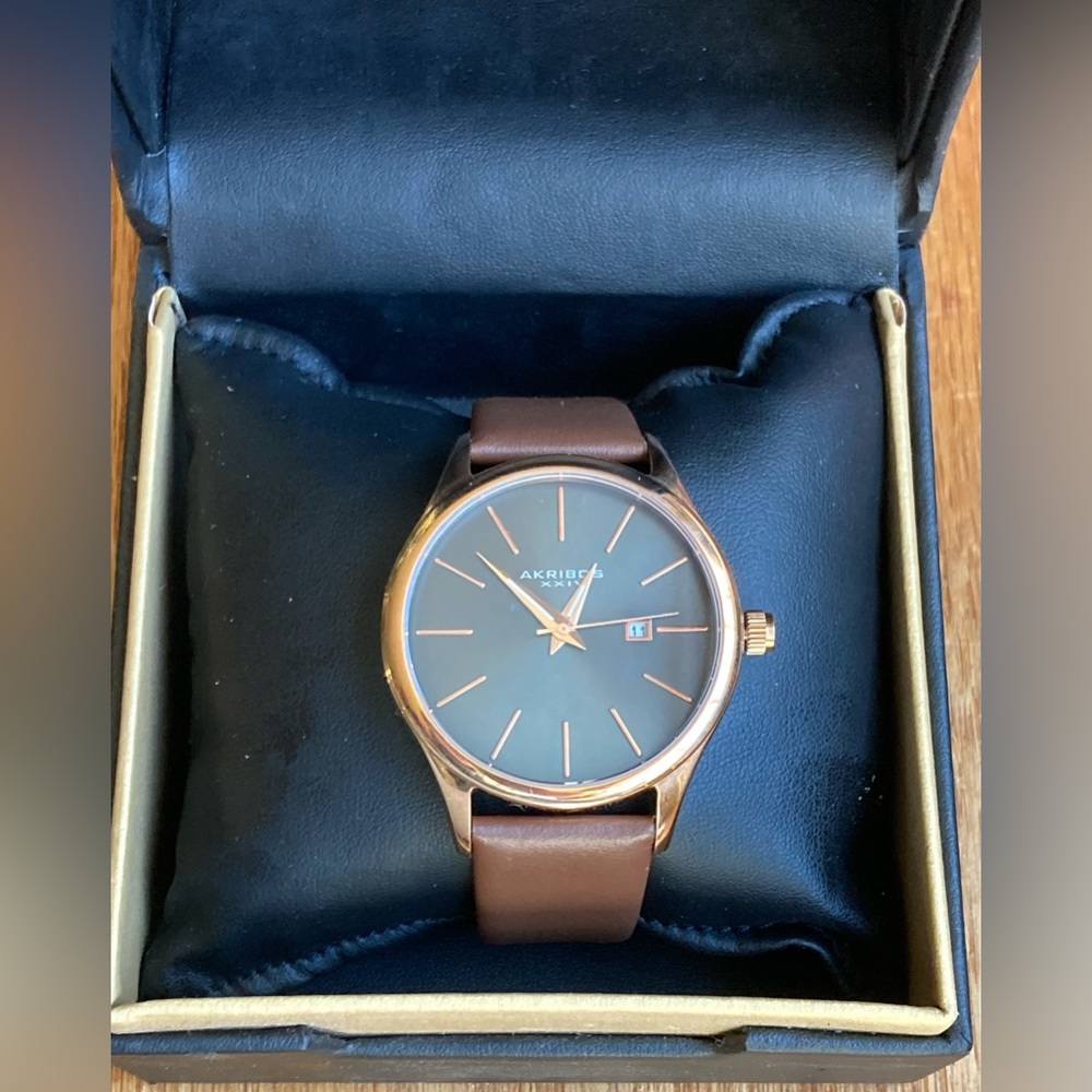 AKRIBOS XXIV Men’s Brown & Rose Gold, Water Resistant, Quartz Analog Watch NIB